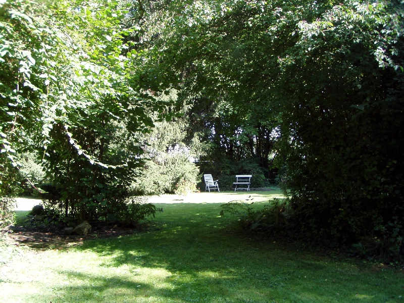 Blick auf eine Sitzgruppe in einem verwilderten Privatgarten